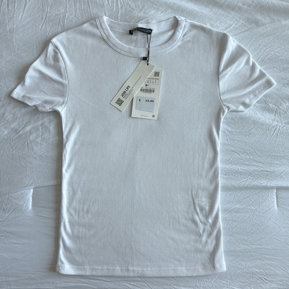 Zara Basic Ribbed Tee (White)